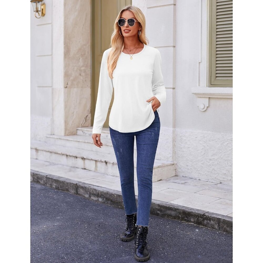 Long Sleeve Shirts Women Loose Fit Crewneck Side Split Curved Hem Casual Tops - Picture 4 of 7